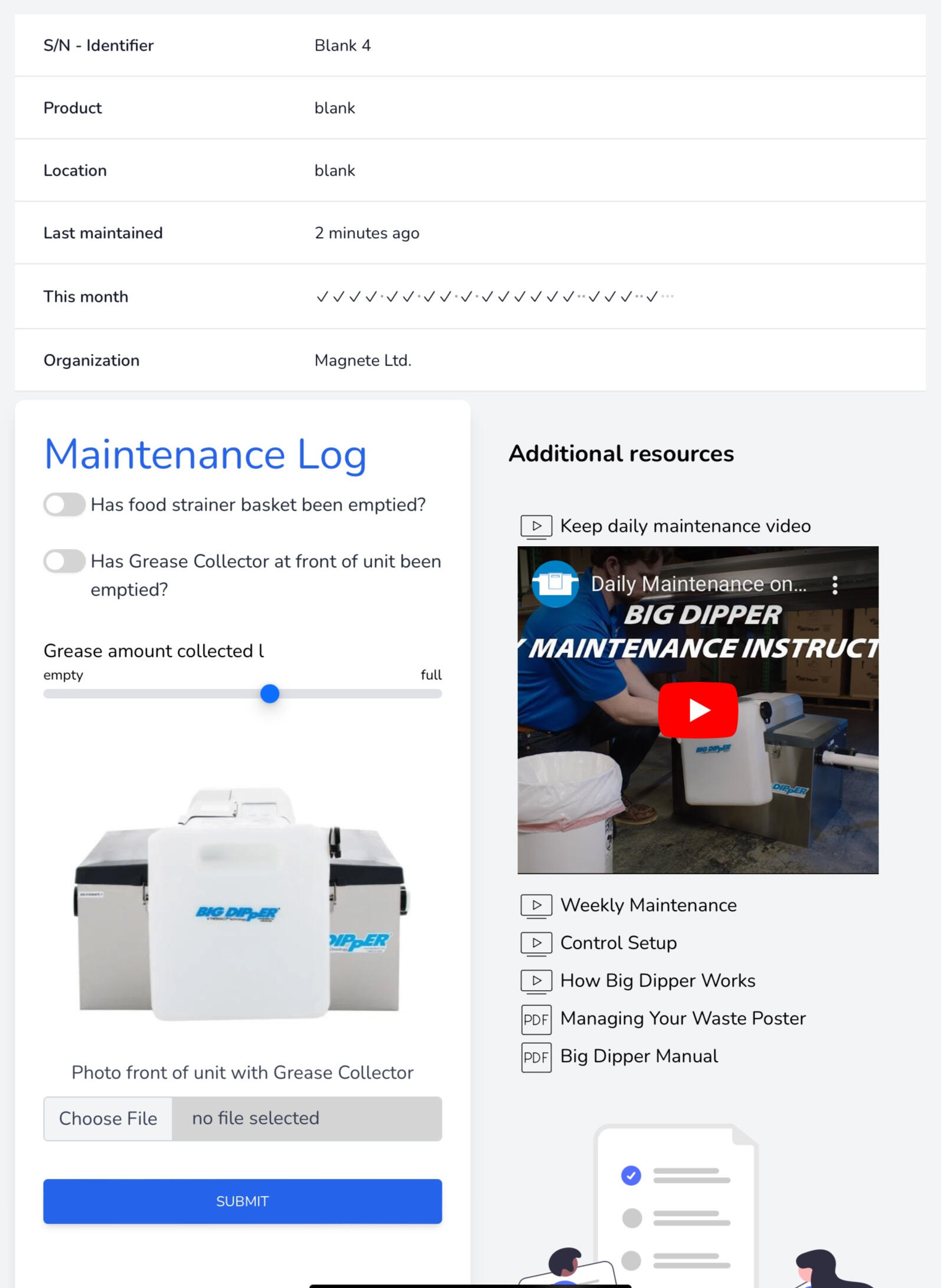 Big Dipp App dashboard showing real-time grease trap monitoring